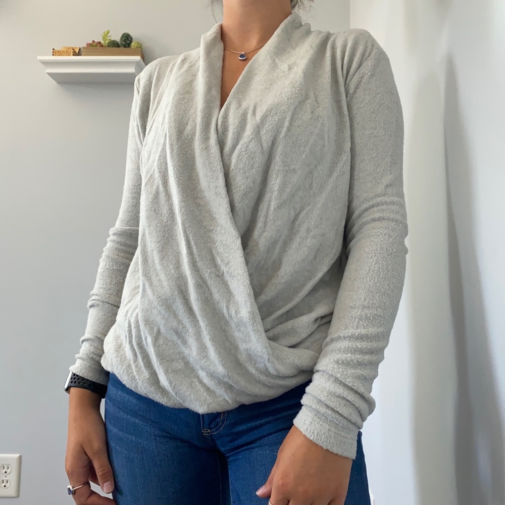 Mesh + Lace Faux Wrap Front Sweater